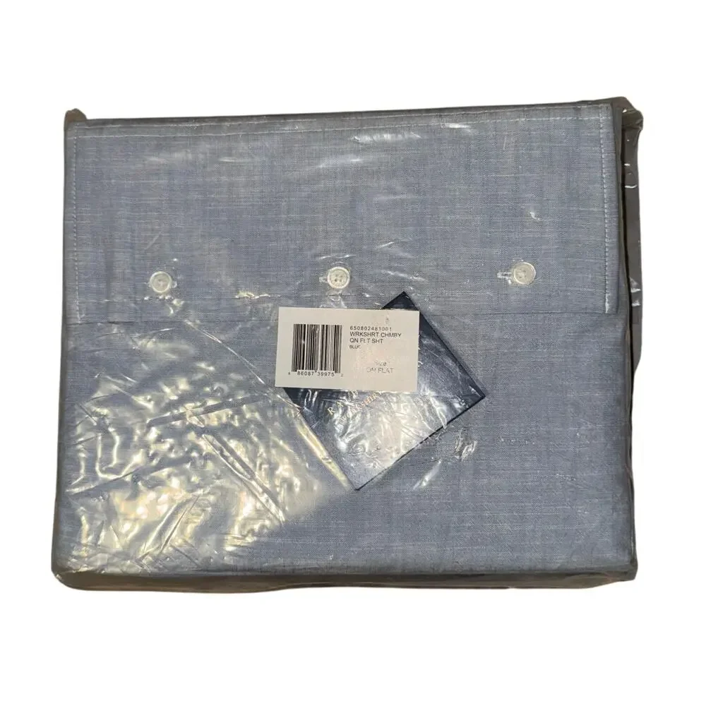 New Ralph Lauren Queen Flat Sheet Workshirt Chambray Blue Country Old Money Fall